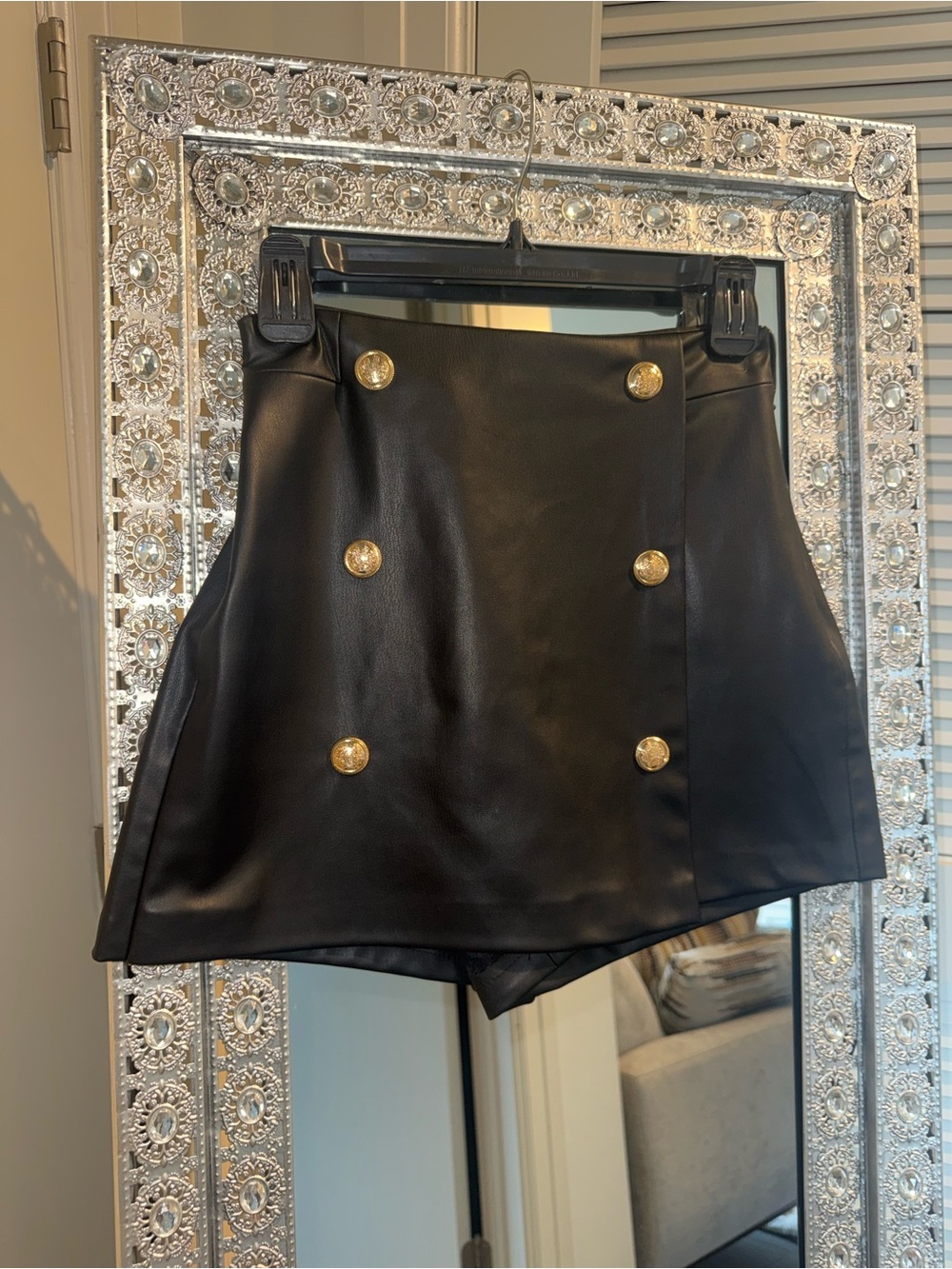 Zara Black Faux Leather Mini Skort with Gold Buttons